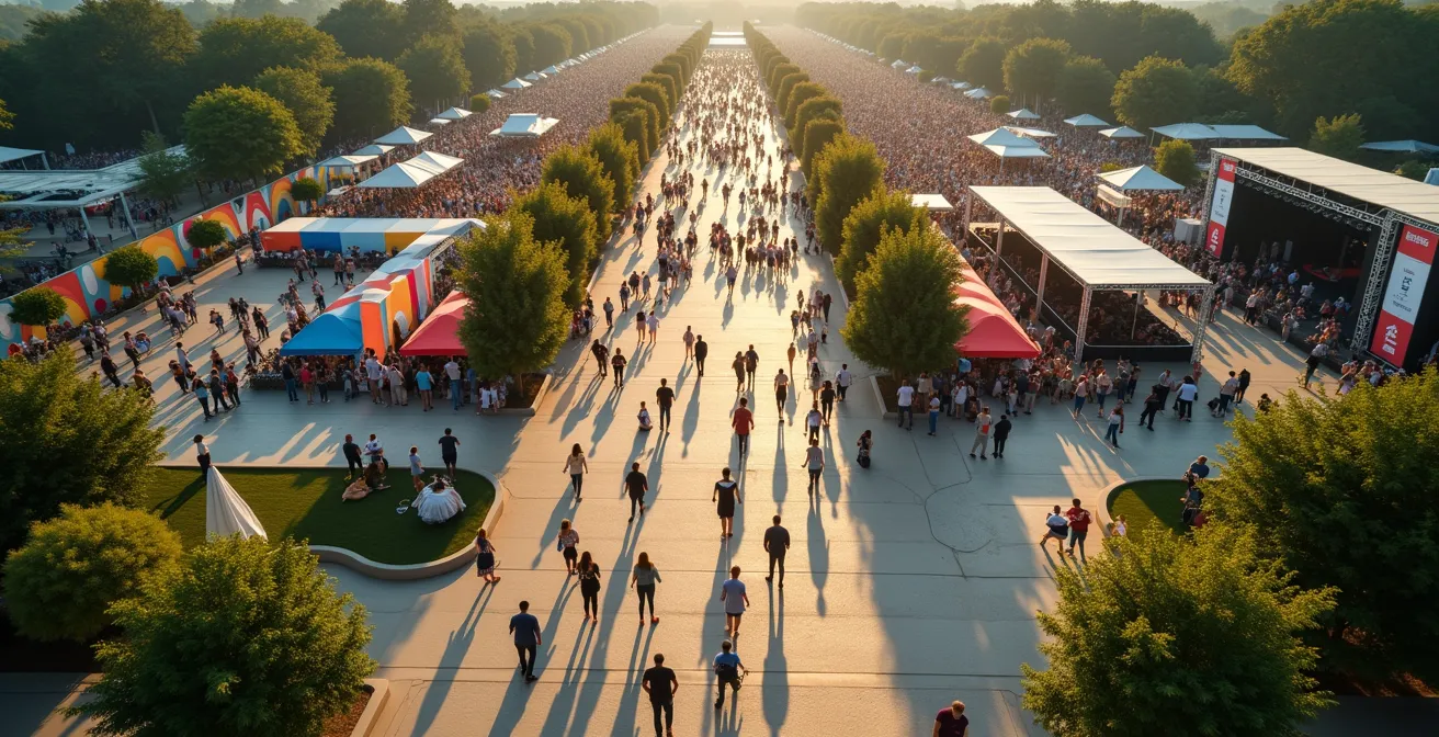 Vue aérienne d'un festival montrant le contraste entre la foule dense et les zones de networking calmes.