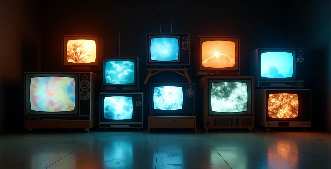 Installation artistique de plusieurs écrans montrant différentes temporalités d'une même histoire