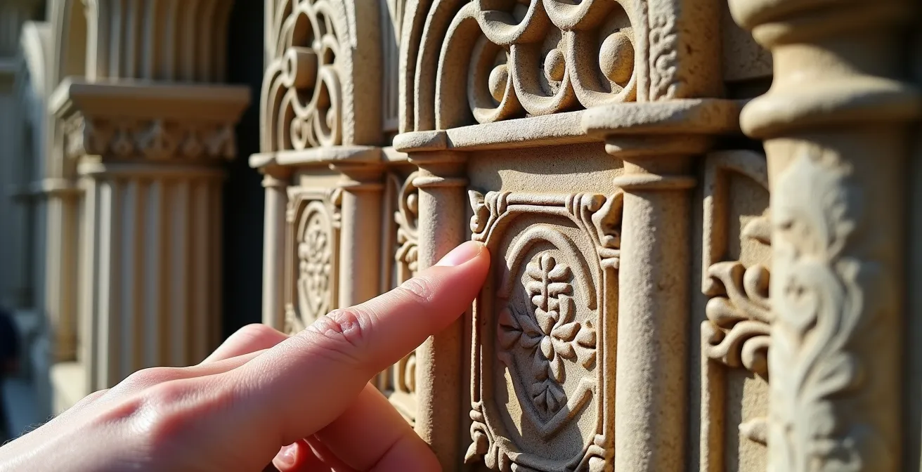 Main touchant différentes textures architecturales européennes historiques