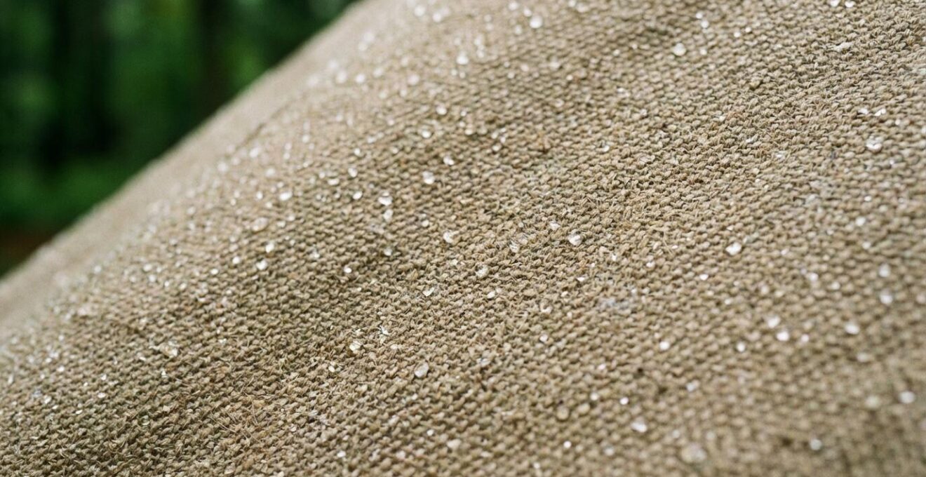 Détail macro de tissu de tente imperméable avec gouttes d'eau perlant naturellement