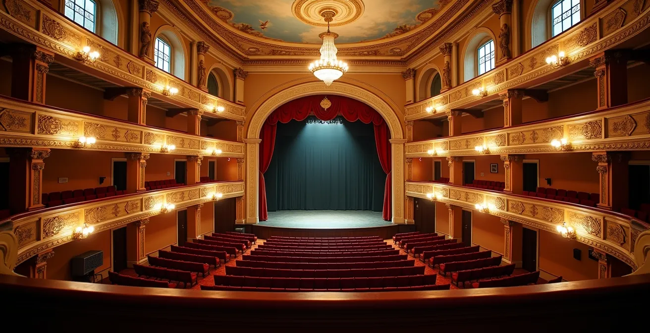 Vue large depuis le premier balcon d'un théâtre européen montrant la scène et l'architecture