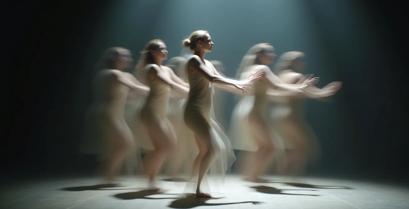 Composition théâtrale abstraite montrant des silhouettes floues et superposées sur scène