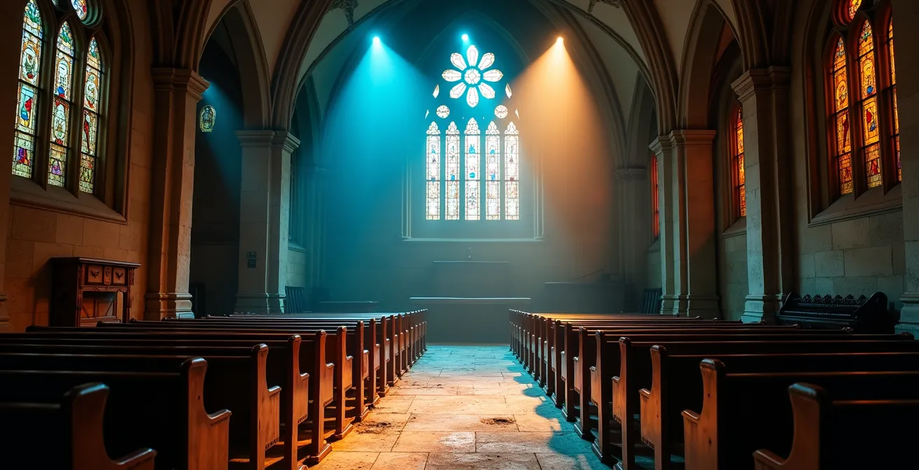 Intérieur d'une église désacralisée transformée en espace théâtral avec des jeux de lumières colorées qui créent une atmosphère spirituelle et intense.