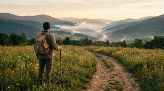 Randonneur contemplant un paysage montagneux préservé avec équipement durable