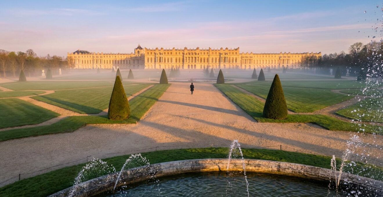 Jardins de Versailles au petit matin avec allées désertes et lumière dorée