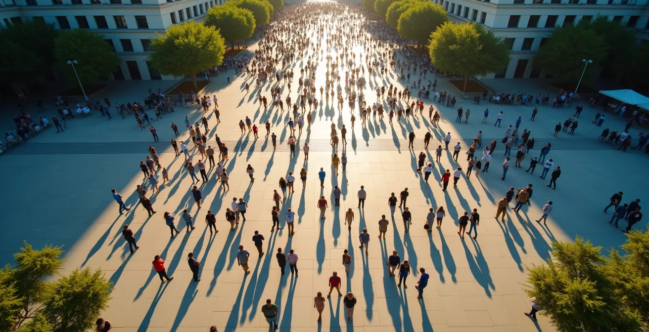 Vue aérienne d'une foule organisée en performance avec espaces de circulation visibles